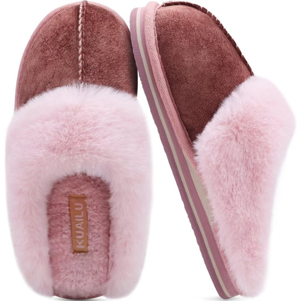 Women's Fluff Memory Cozy Winter Warm Scuff Slip On Light Pink  Slippers Shoes - Picture 7 of 7